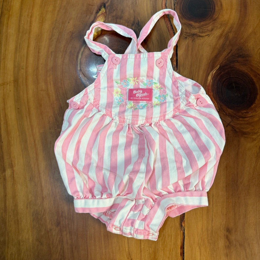 Vintage Oshkosh Overalls 12M Cotton USA Floral Short Shortalls Bubble Stripe D13